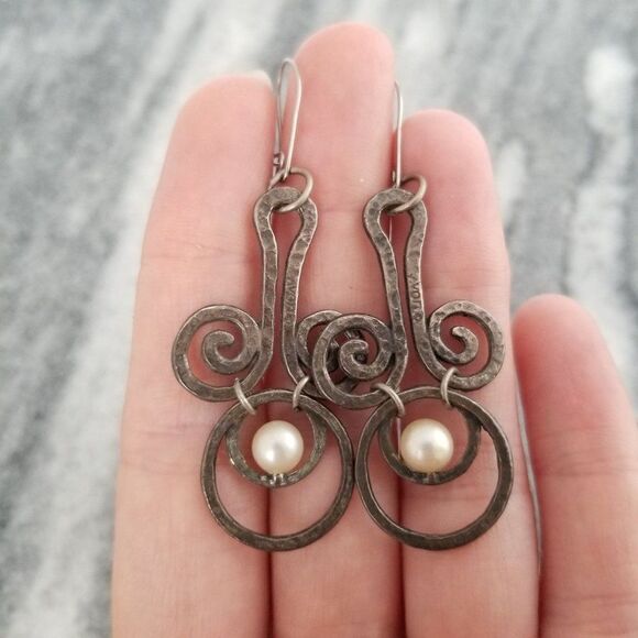 Vintage Funky Spiral Artsy Dangle Earrings with Faux Pearls, Retro Design - Picture 1 of 4